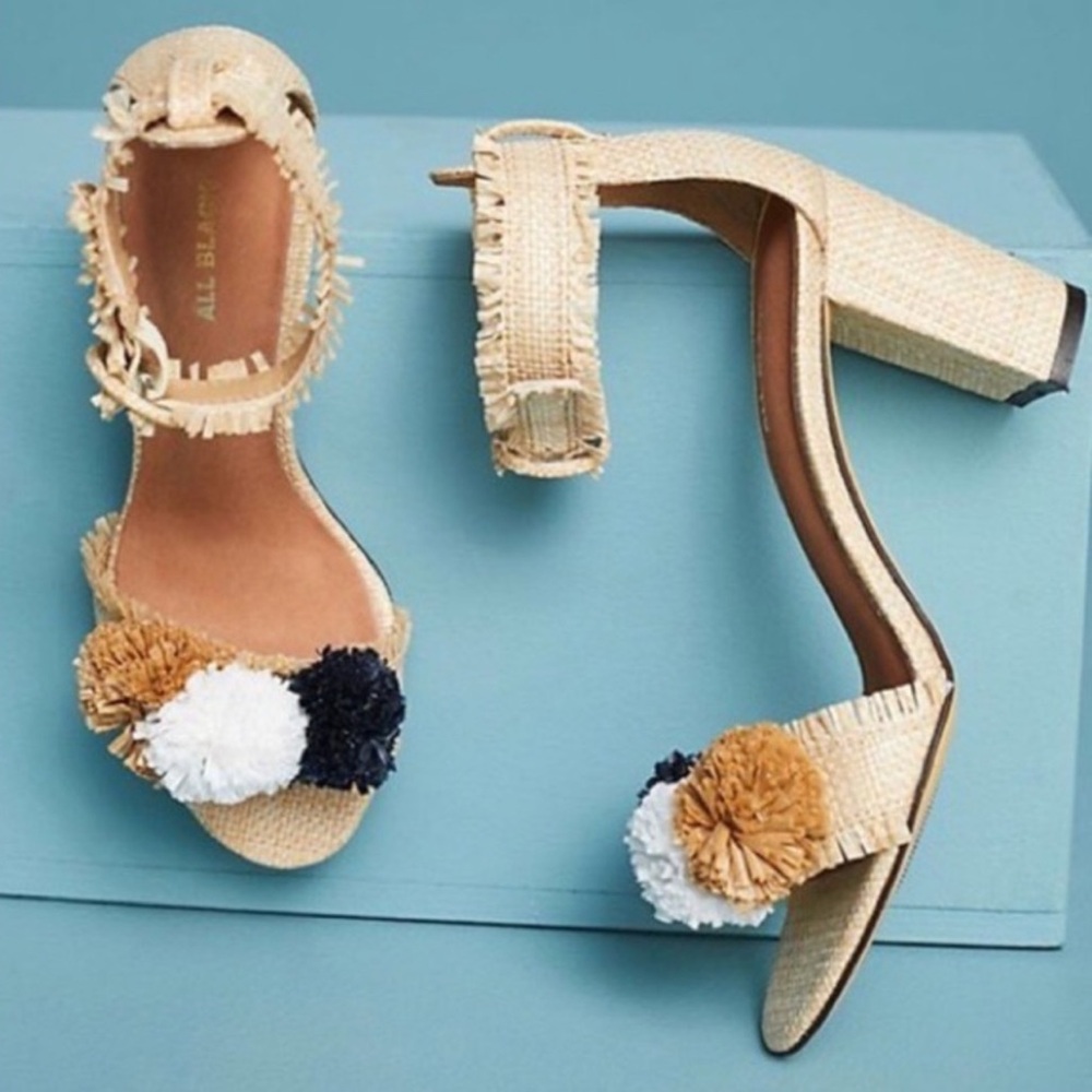 Anthropologie All Black Raffia Pommed Heels